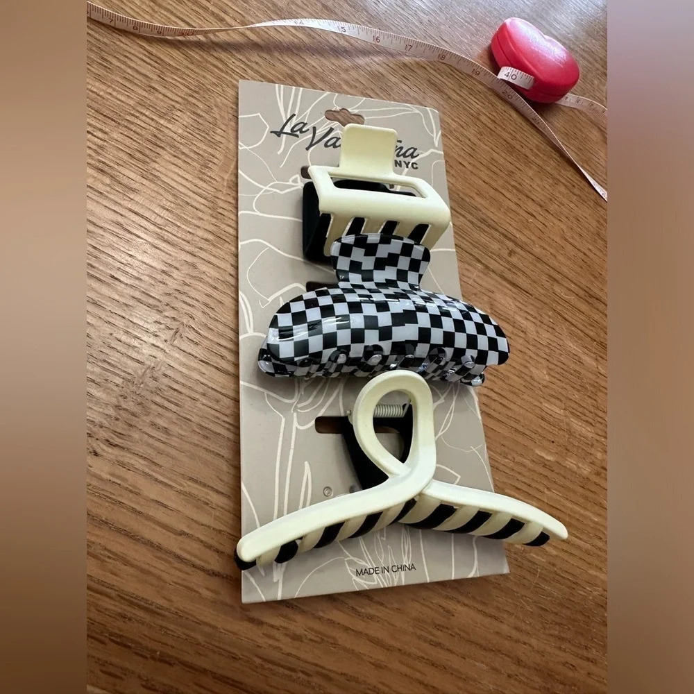 Hair Clips (3) NWT black and beige color block and one checkered print 4” clips